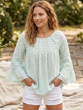 Lucky Brand Mint Green Striped Lace Trim Bell Sleeve Top
